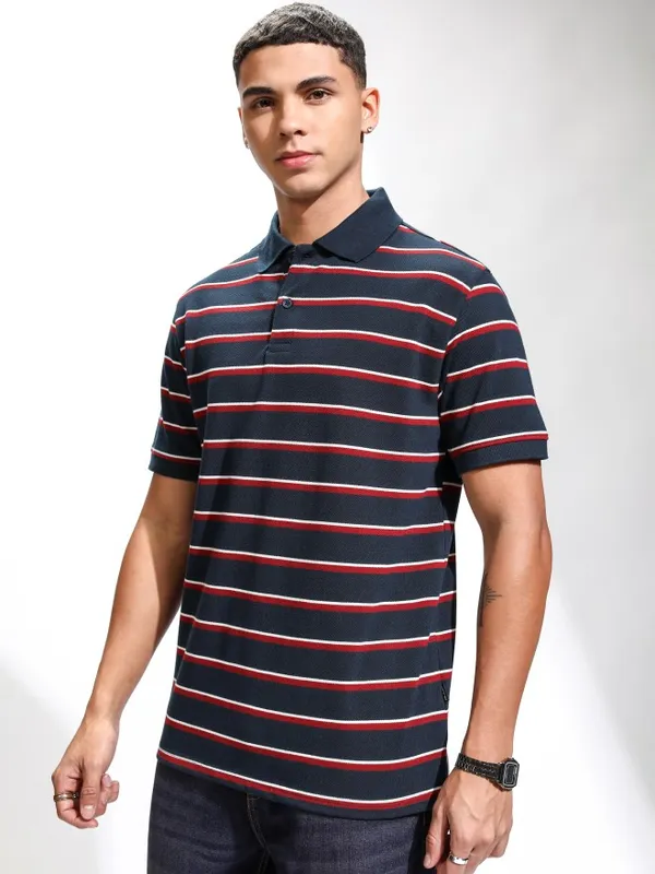 Highlander Men Navy Blue Striped Polo Collar T-Shirt