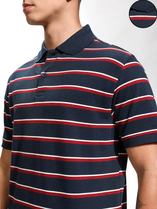 Highlander Men Navy Blue Striped Polo Collar T-Shirt