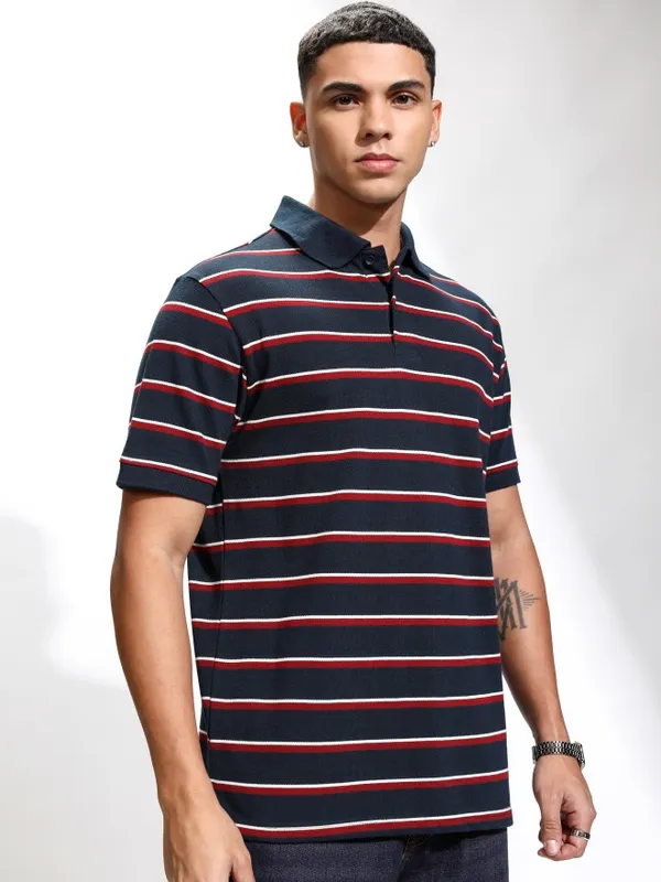 Highlander Men Navy Blue Striped Polo Collar T-Shirt