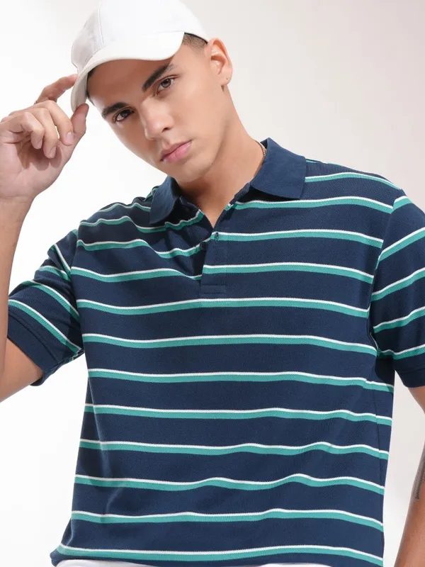 Highlander Men Blue Striped Polo Collar T-Shirt