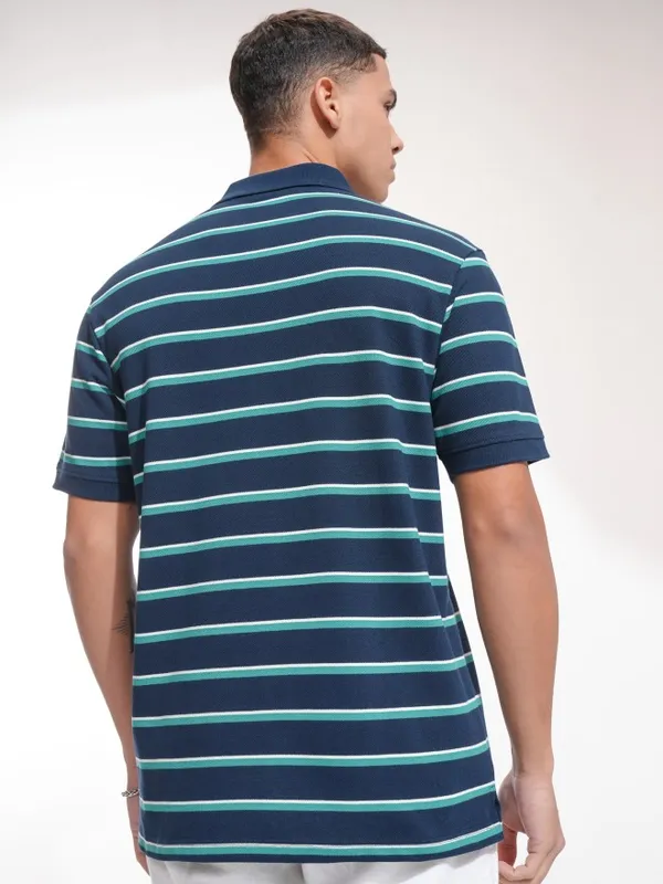 Highlander Men Blue Striped Polo Collar T-Shirt