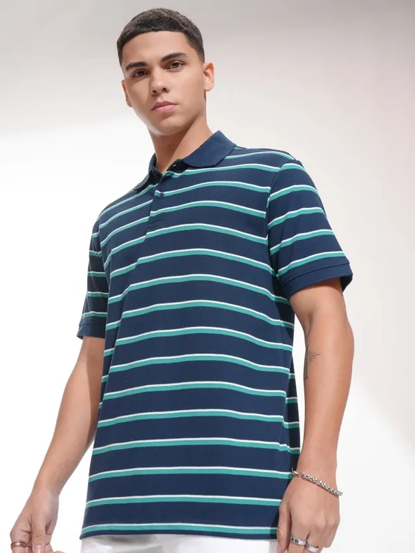 Highlander Men Blue Striped Polo Collar T-Shirt