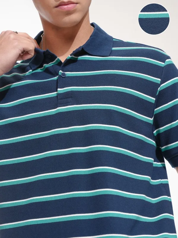 Highlander Men Blue Striped Polo Collar T-Shirt