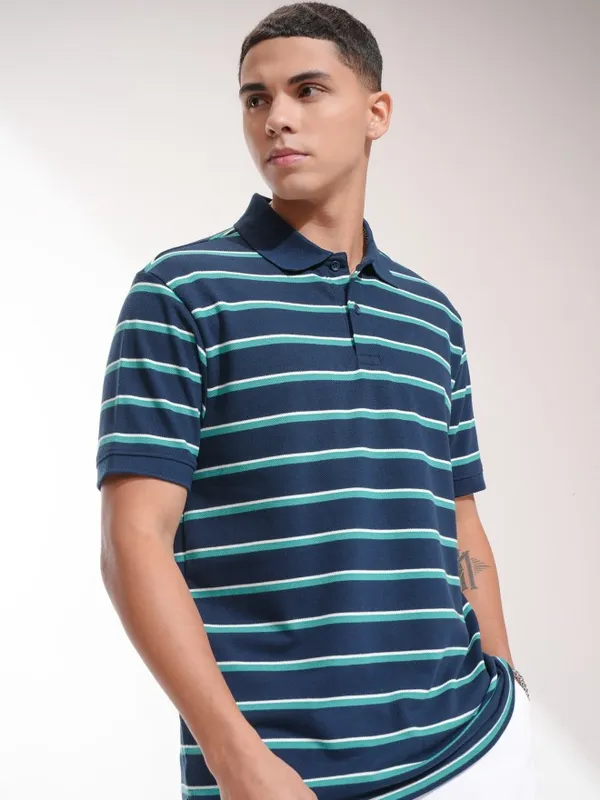 Highlander Men Blue Striped Polo Collar T-Shirt