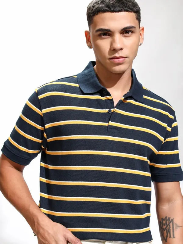 Highlander Men Navy Blue Striped Polo Collar T-Shirt