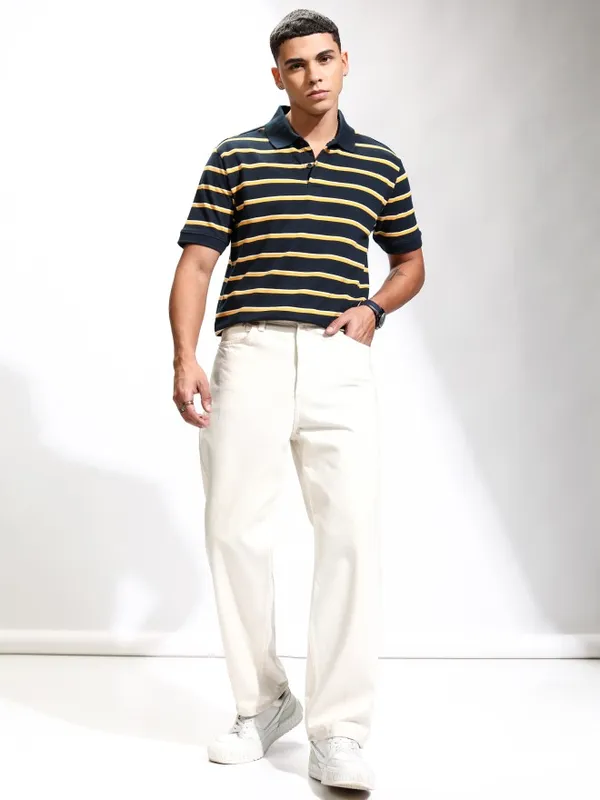 Highlander Men Navy Blue Striped Polo Collar T-Shirt