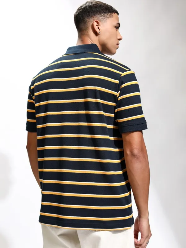 Highlander Men Navy Blue Striped Polo Collar T-Shirt