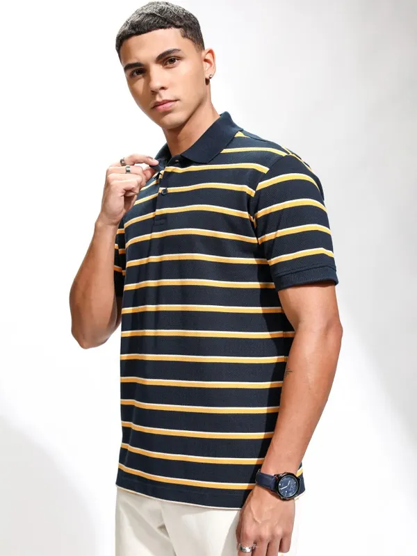 Highlander Men Navy Blue Striped Polo Collar T-Shirt