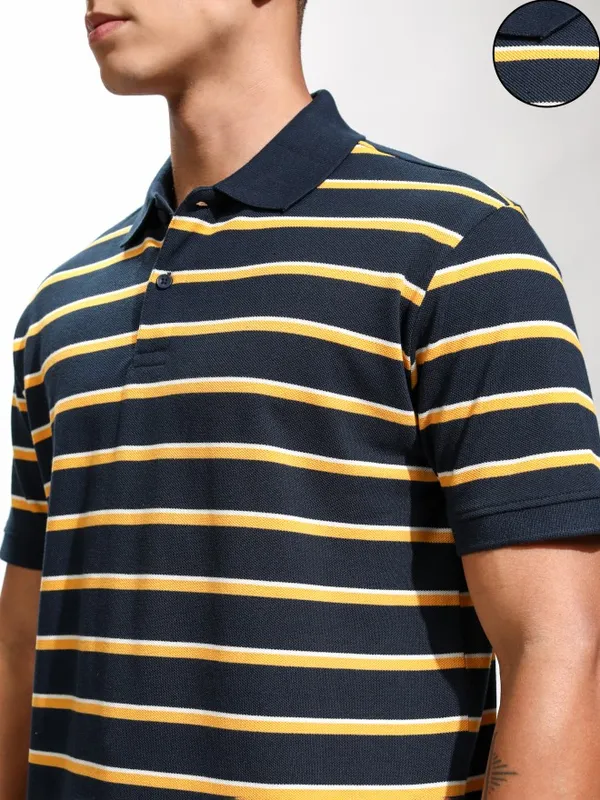 Highlander Men Navy Blue Striped Polo Collar T-Shirt
