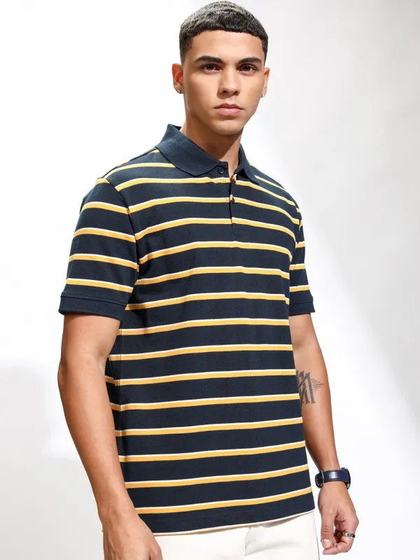 Highlander Men Navy Blue Striped Polo Collar T-Shirt