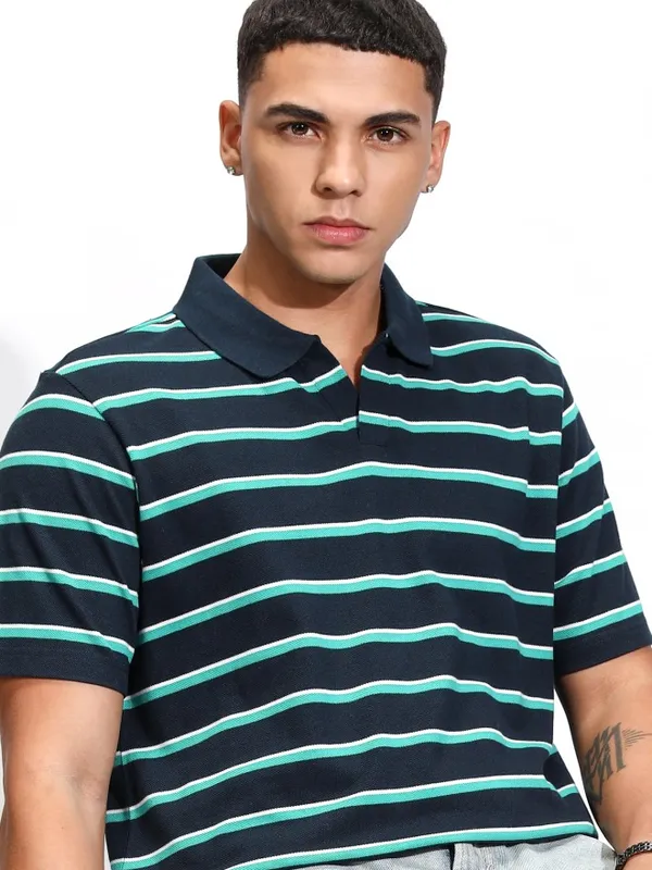 Highlander Men Blue Striped Polo Collar T-Shirt