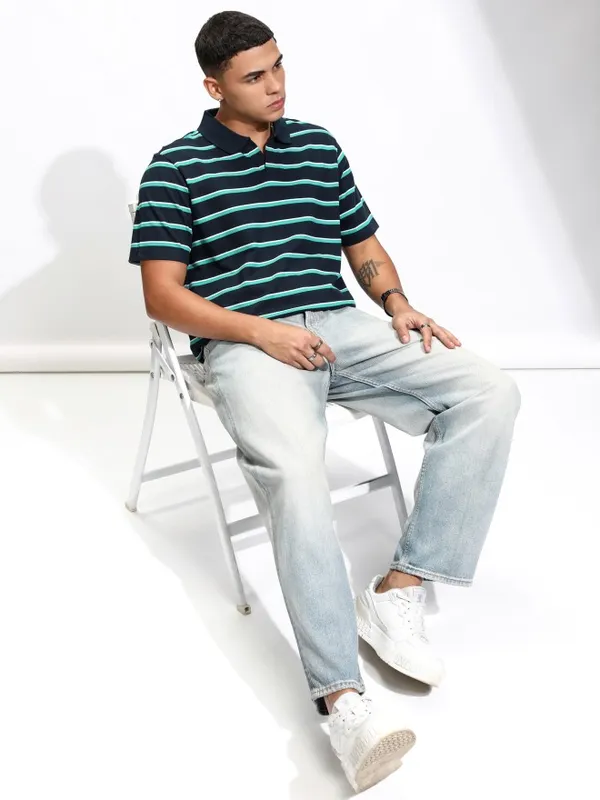 Highlander Men Blue Striped Polo Collar T-Shirt