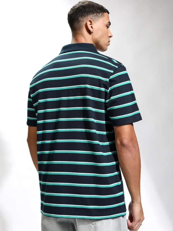 Highlander Men Blue Striped Polo Collar T-Shirt