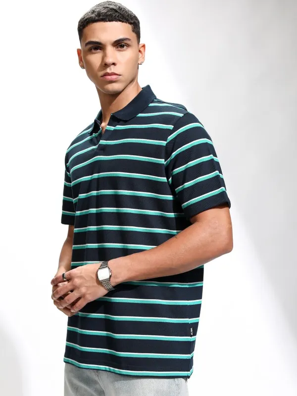 Highlander Men Blue Striped Polo Collar T-Shirt