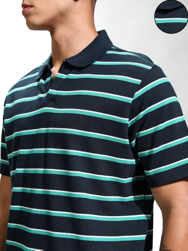 Highlander Men Blue Striped Polo Collar T-Shirt