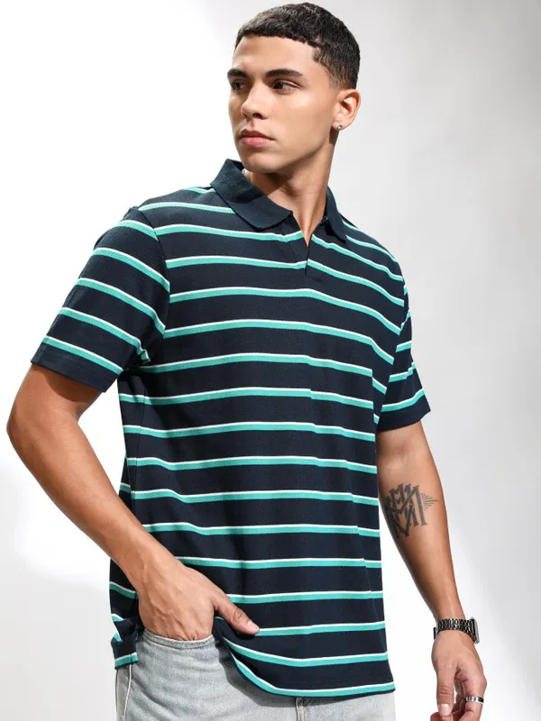 Highlander Men Blue Striped Polo Collar T-Shirt