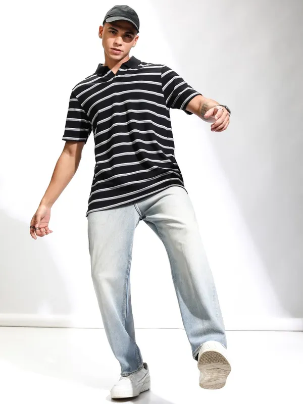 Highlander Men Black Striped Polo Collar T-Shirt
