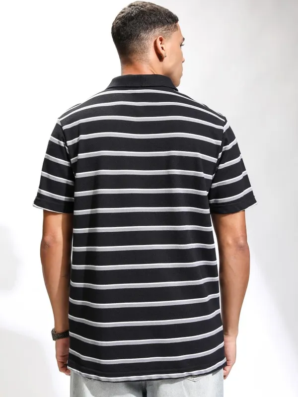 Highlander Men Black Striped Polo Collar T-Shirt