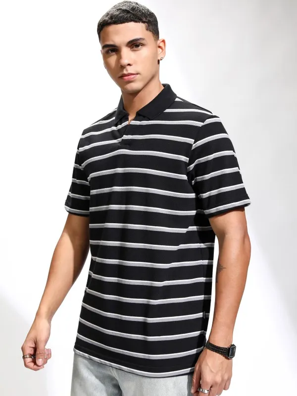 Highlander Men Black Striped Polo Collar T-Shirt