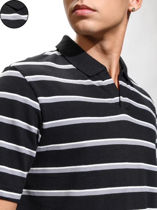 Highlander Men Black Striped Polo Collar T-Shirt