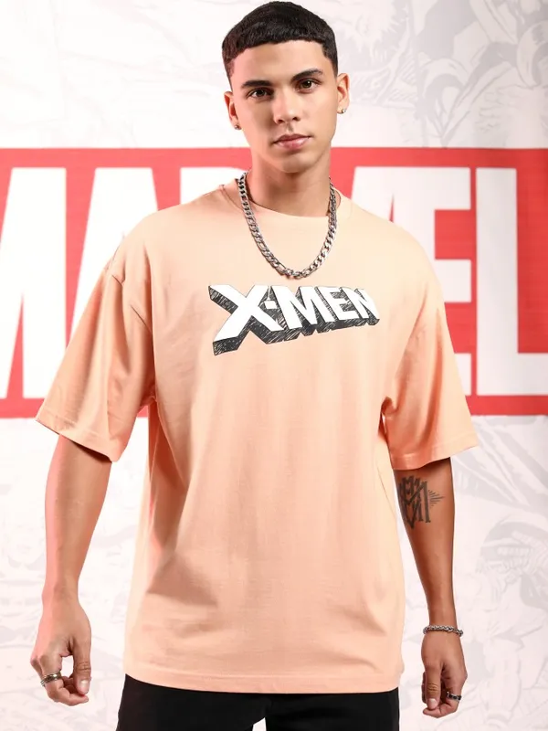 Marvel By Highlander Men Pink X-Men & Wolverine Printed Round Neck Oversized Fit T-Shirt