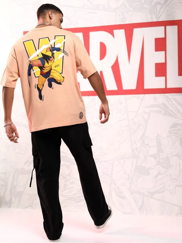 Marvel By Highlander Men Pink X-Men And Wolverine Printed Round Neck Oversized Fit T-Shirt