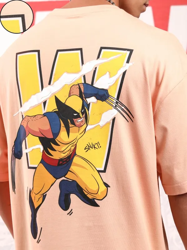 Marvel By Highlander Men Pink X-Men And Wolverine Printed Round Neck Oversized Fit T-Shirt