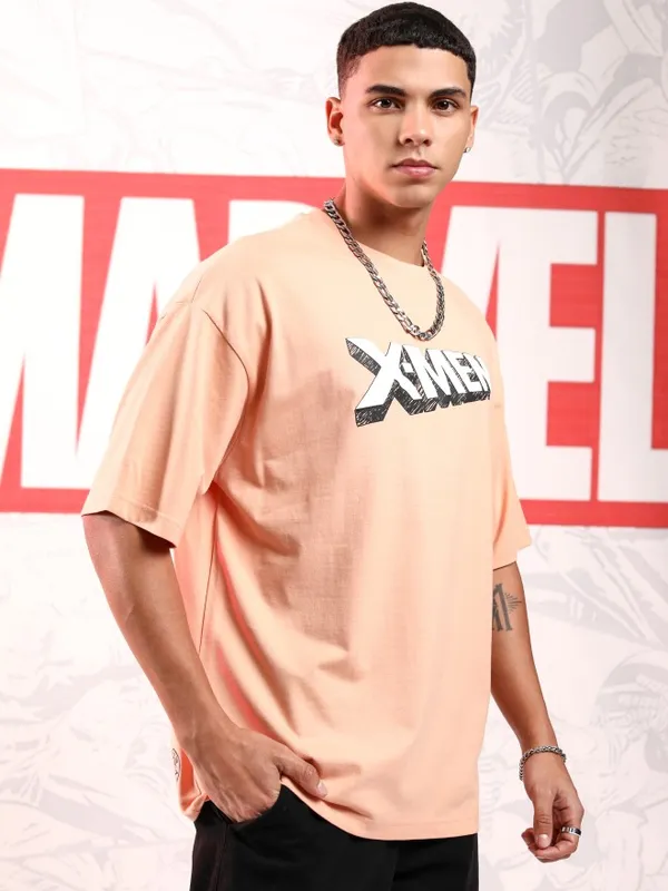 Marvel By Highlander Men Pink X-Men And Wolverine Printed Round Neck Oversized Fit T-Shirt