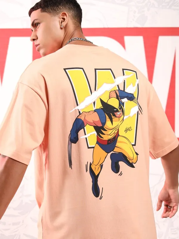 Marvel By Highlander Men Pink X-Men And Wolverine Printed Round Neck Oversized Fit T-Shirt