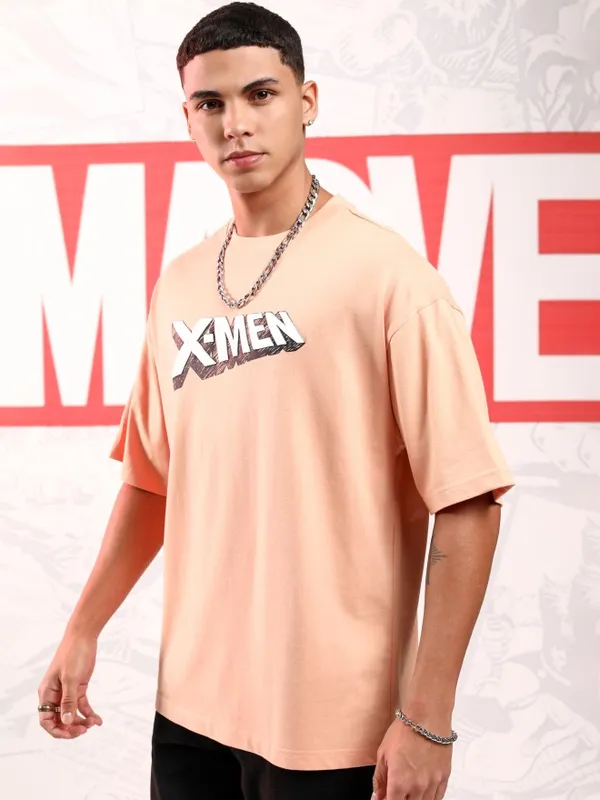 Marvel By Highlander Men Pink X-Men And Wolverine Printed Round Neck Oversized Fit T-Shirt