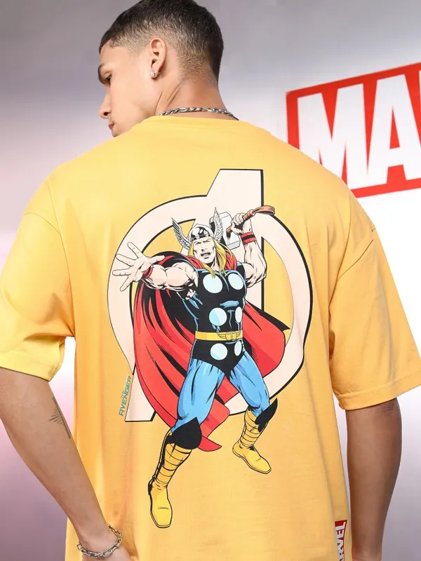 Marvel By Highlander Men Yellow Thor Printed Round Neck Oversized Fit T-Shirt