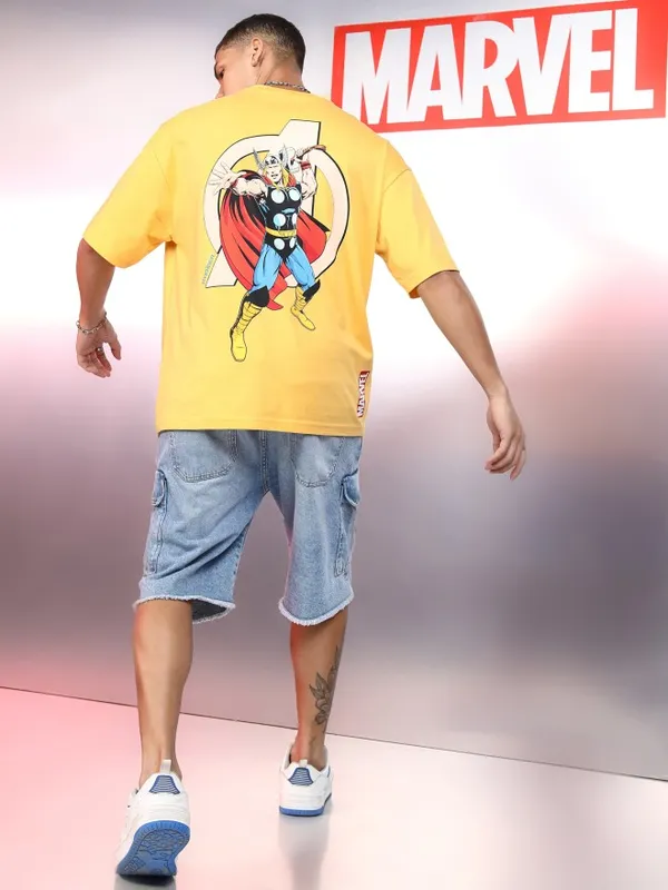 Marvel By Highlander Men Yellow Thor Printed Round Neck Oversized Fit T-Shirt