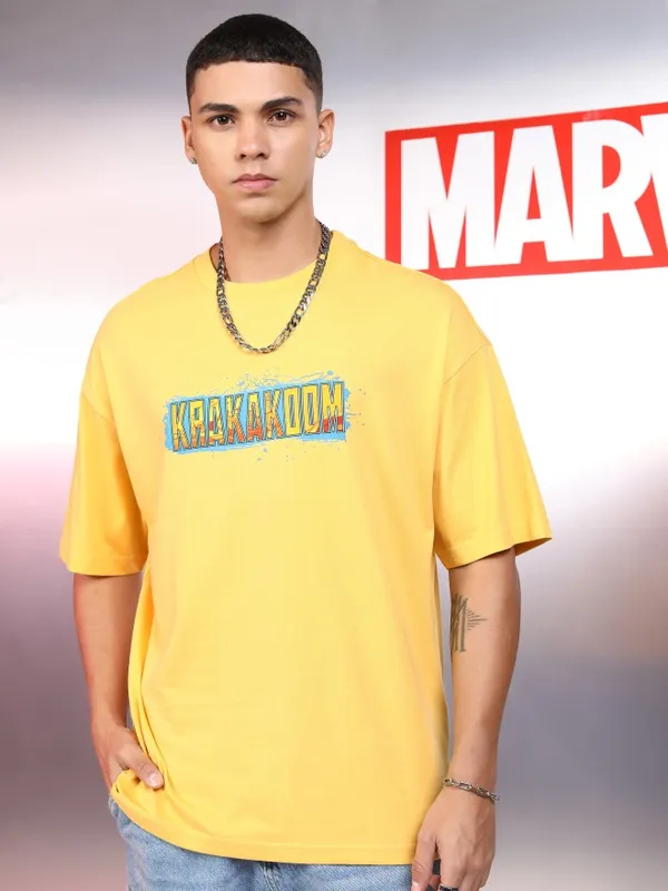 Marvel By Highlander Men Yellow Thor Printed Round Neck Oversized Fit T-Shirt