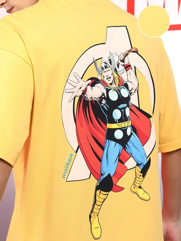 Marvel By Highlander Men Yellow Thor Printed Round Neck Oversized Fit T-Shirt