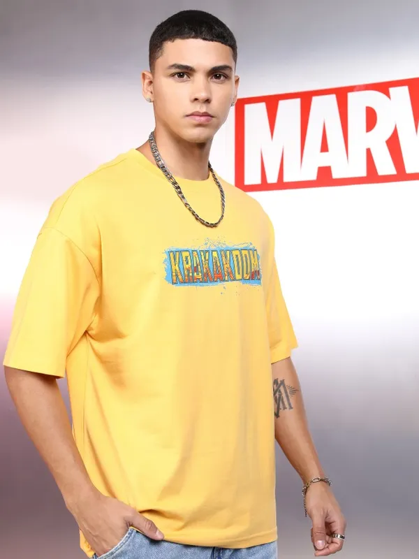 Marvel By Highlander Men Yellow Thor Printed Round Neck Oversized Fit T-Shirt