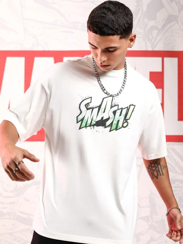 Marvel By Highlander Men Off White Hulk Printed Round Neck Oversized Fit T-Shirt