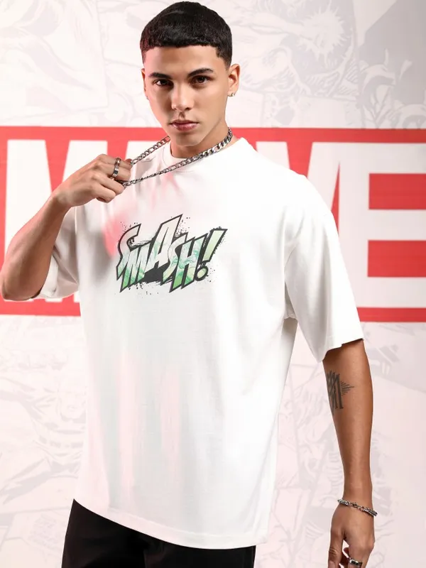 Marvel By Highlander Men Off White Hulk Printed Round Neck Oversized Fit T-Shirt