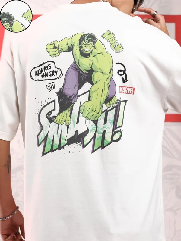 Marvel By Highlander Men Off White Hulk Printed Round Neck Oversized Fit T-Shirt