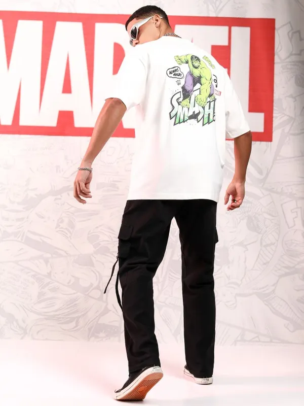 Marvel By Highlander Men Off White Hulk Printed Round Neck Oversized Fit T-Shirt