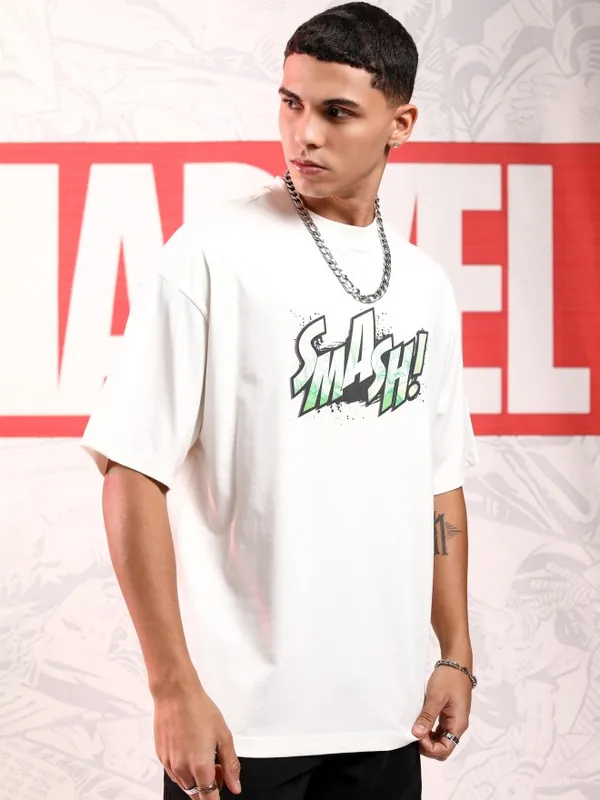 Marvel By Highlander Men Off White Hulk Printed Round Neck Oversized Fit T-Shirt