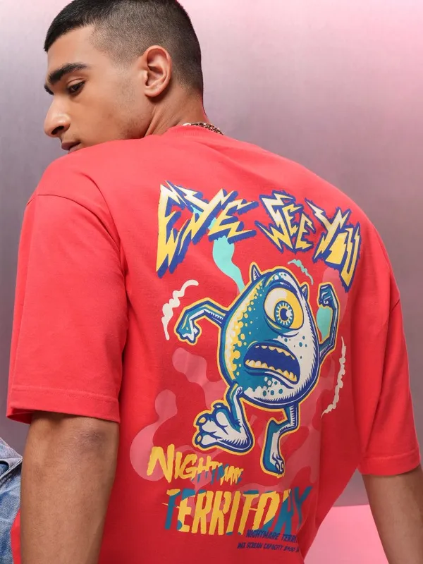 Disney By Highlander Men Red Monsters Inc. Printed Oversized Fit T-Shirt