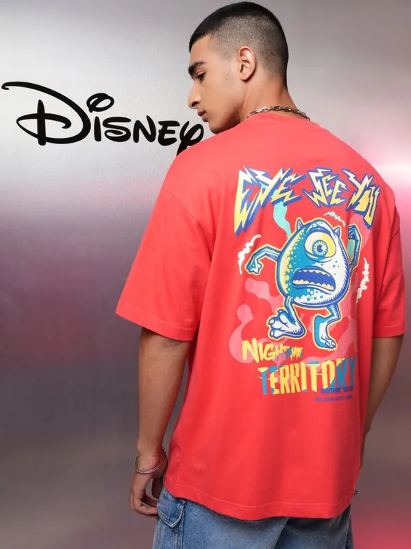 Disney By Highlander Men Red Monsters Inc. Printed Oversized Fit T-Shirt
