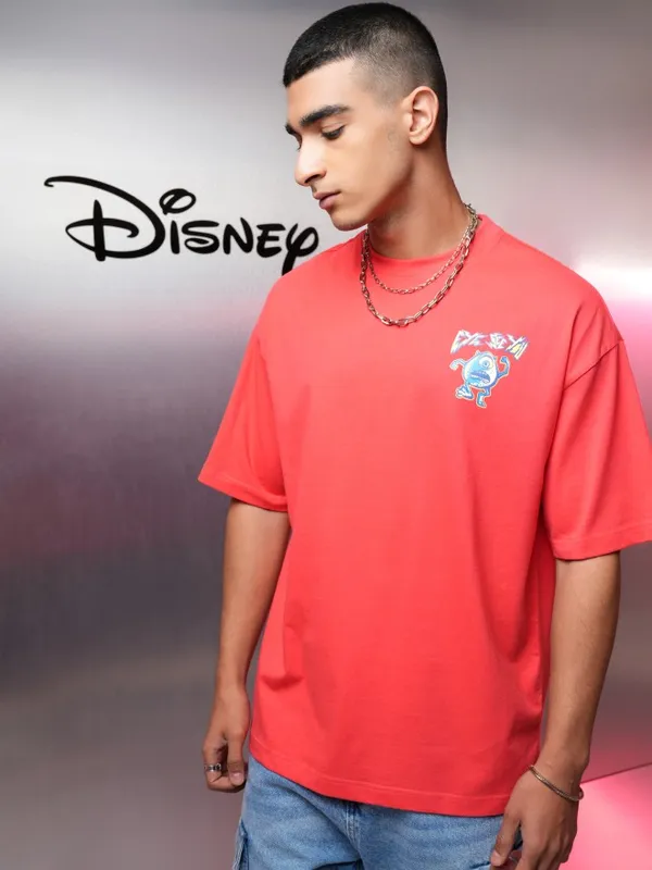 Disney By Highlander Men Red Monsters Inc. Printed Oversized Fit T-Shirt