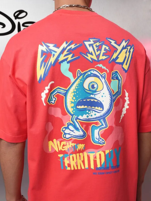 Disney By Highlander Men Red Monsters Inc. Printed Oversized Fit T-Shirt
