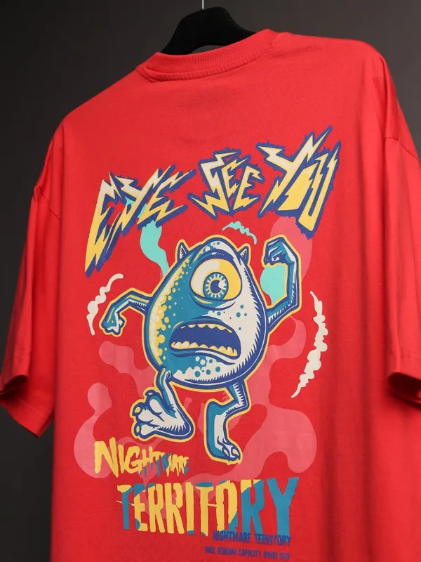 Disney By Highlander Men Red Monsters Inc. Printed Oversized Fit T-Shirt