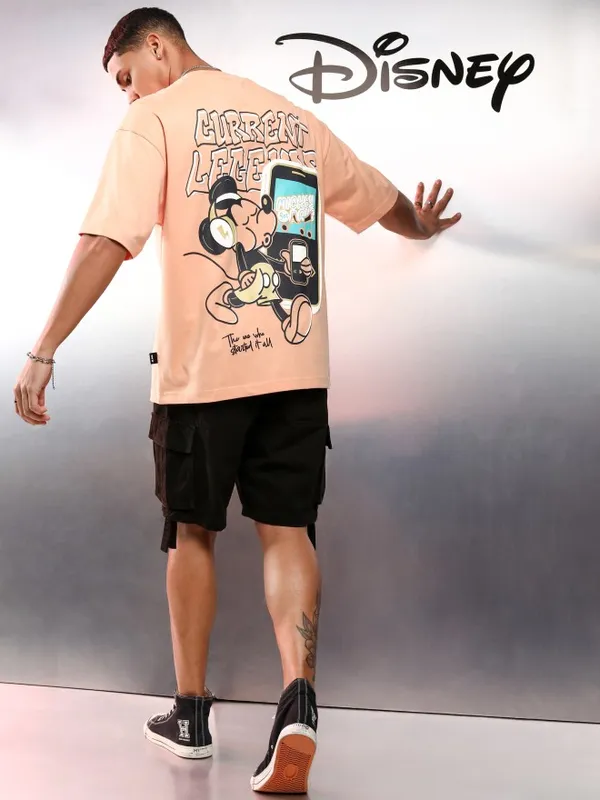 Disney By Highlander Men Peach Mickey Mouse Printed Round Neck Oversized Fit T-Shirt
