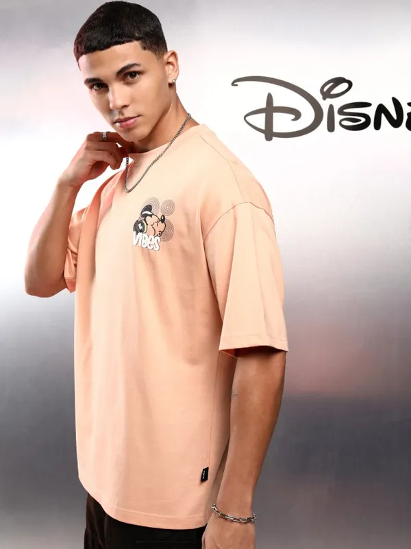 Disney By Highlander Men Peach Mickey Mouse Printed Round Neck Oversized Fit T-Shirt
