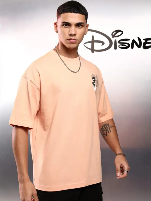 Disney By Highlander Men Peach Mickey Mouse Printed Round Neck Oversized Fit T-Shirt