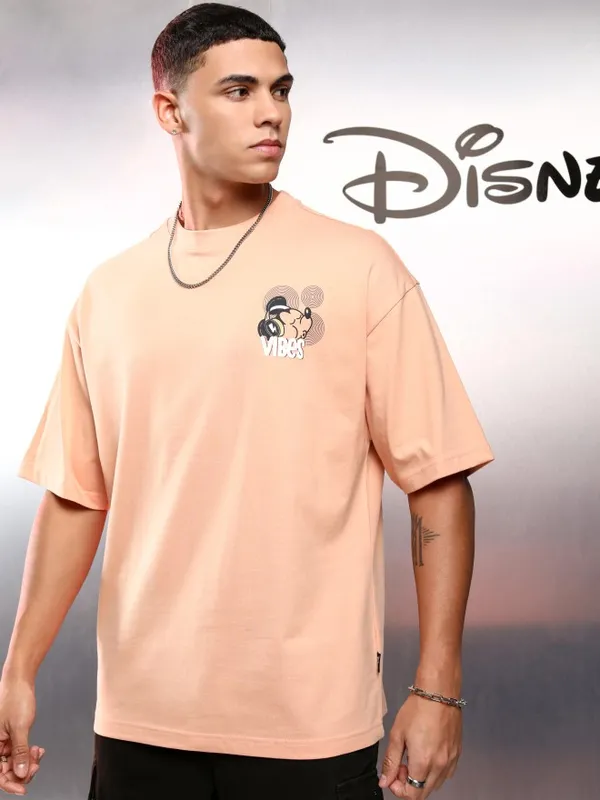 Disney By Highlander Men Peach Mickey Mouse Printed Round Neck Oversized Fit T-Shirt