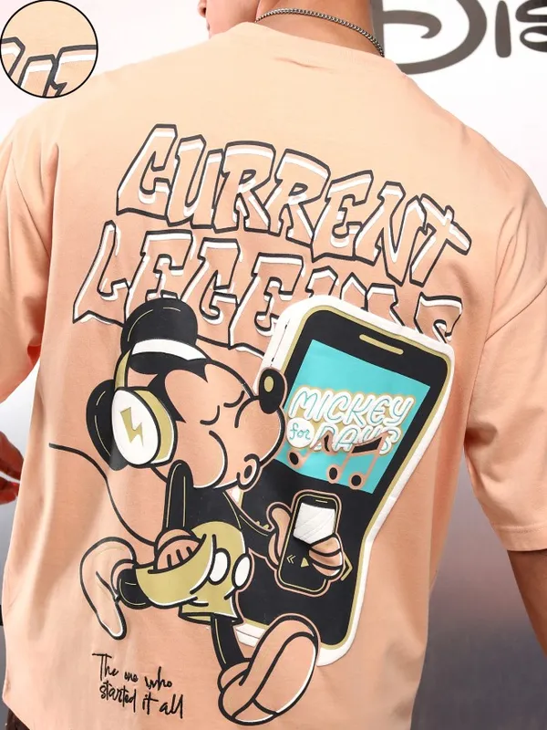 Disney By Highlander Men Peach Mickey Mouse Printed Round Neck Oversized Fit T-Shirt